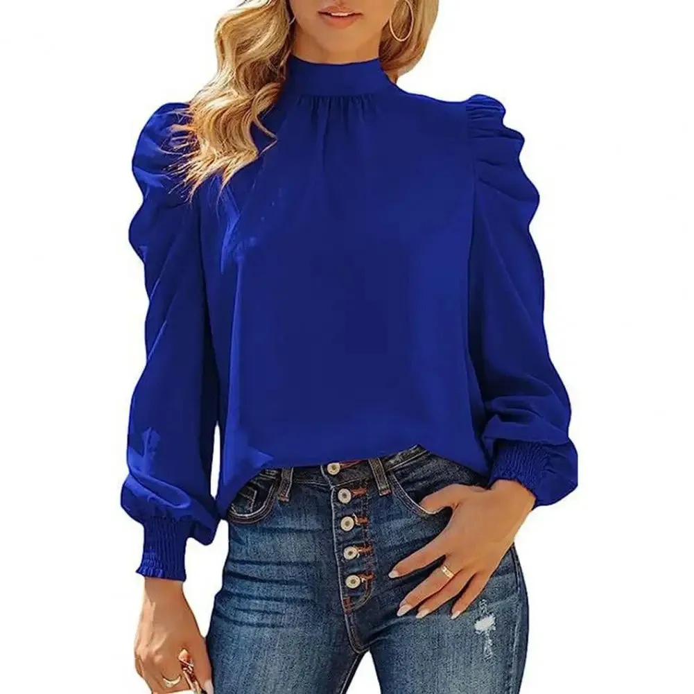 Women Blouse High Collar Pullover Shirt Puff Ruffle Long Sleeve Blouse