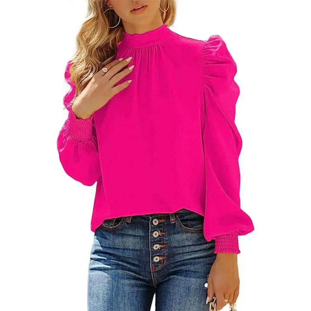 Women Blouse High Collar Pullover Shirt Puff Ruffle Long Sleeve Blouse