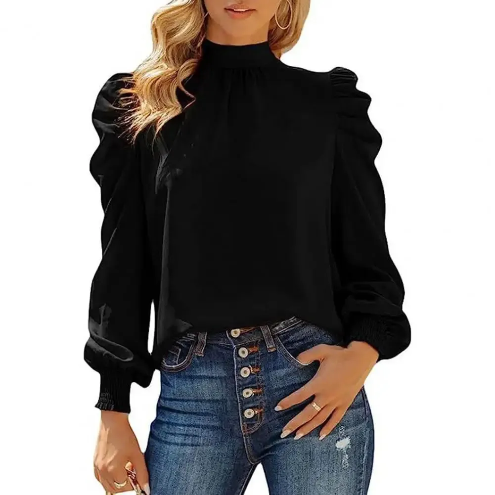 Women Blouse High Collar Pullover Shirt Puff Ruffle Long Sleeve Blouse