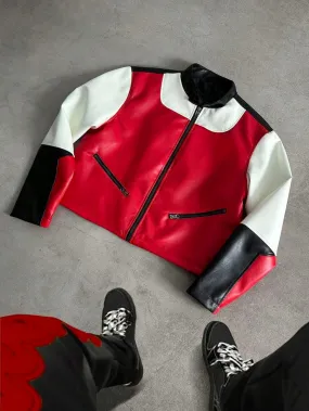 Women Motorsport Colourblock Stand Collar Vegan Leather Crop Jacket Fashion Outfit