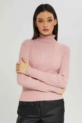 Women Pink Ribbed High-Neck Pullover