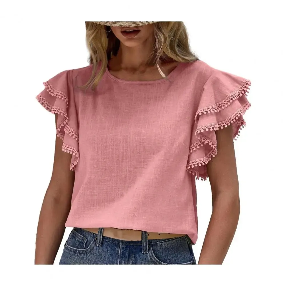 Women Shirt O-neck Ruffle Short Sleeve Pullover Solid Color Blouse