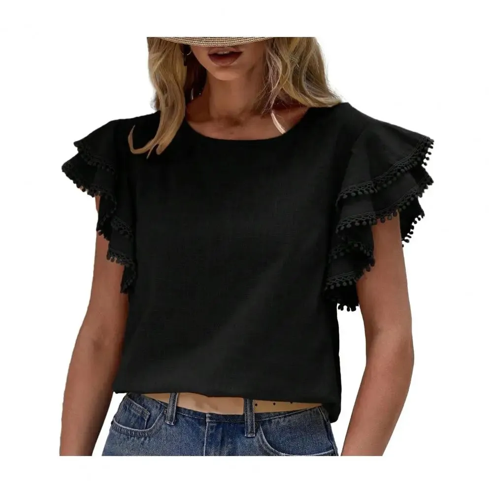 Women Shirt O-neck Ruffle Short Sleeve Pullover Solid Color Blouse