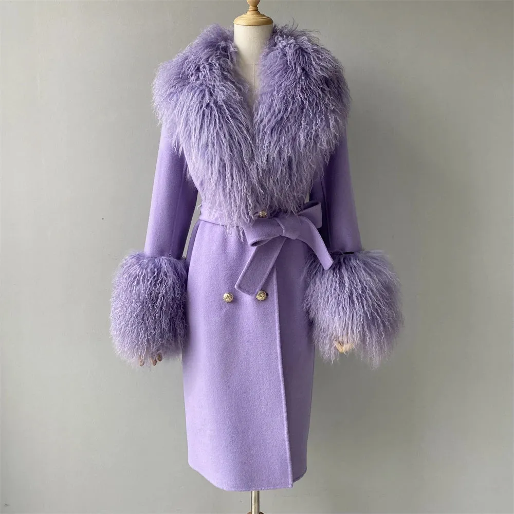 Women's Cashmere & Wool Sheep Fur Wrap Coat