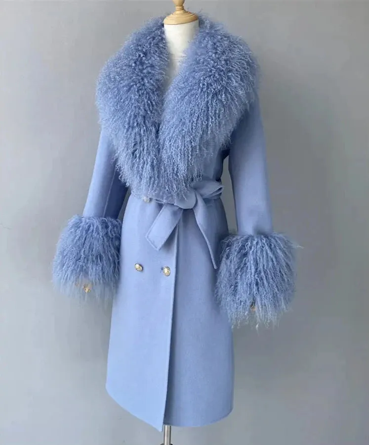 Women's Cashmere & Wool Sheep Fur Wrap Coat