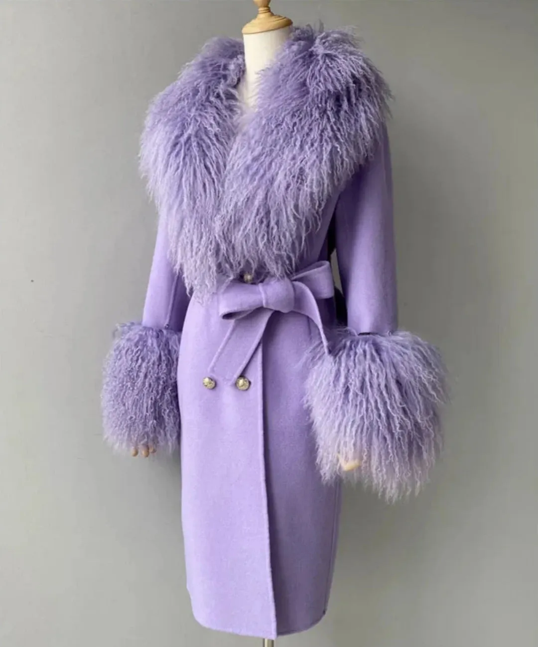 Women's Cashmere & Wool Sheep Fur Wrap Coat