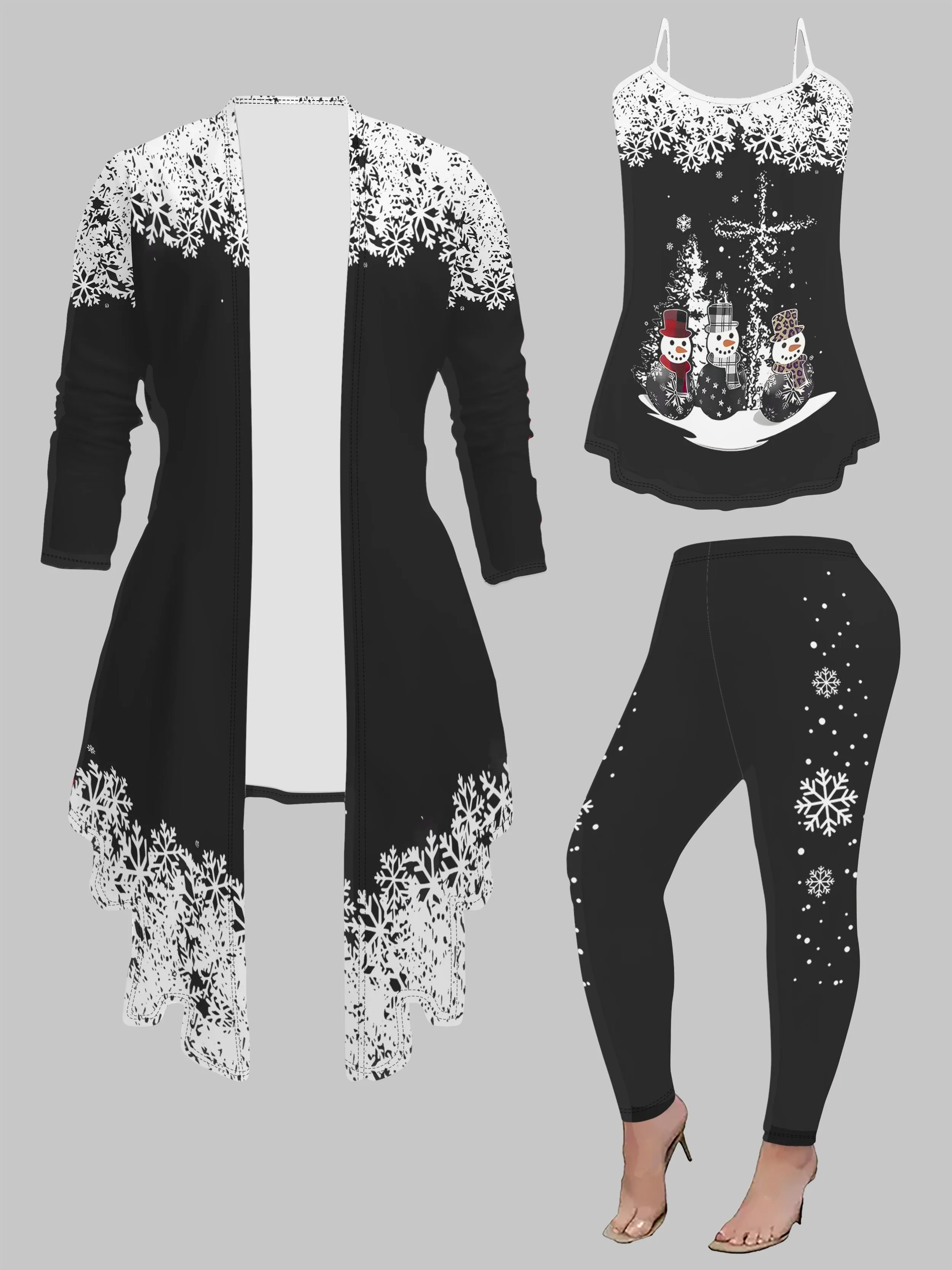 Women'S Christmas 3pcs Set, Spaghetti Strap Tank Top, Long Sleeve Cardigan, Snowman & Snowflake Print, Polyester, Regular Fit, Open Front, Fashion Pants Outfit for All Seasons