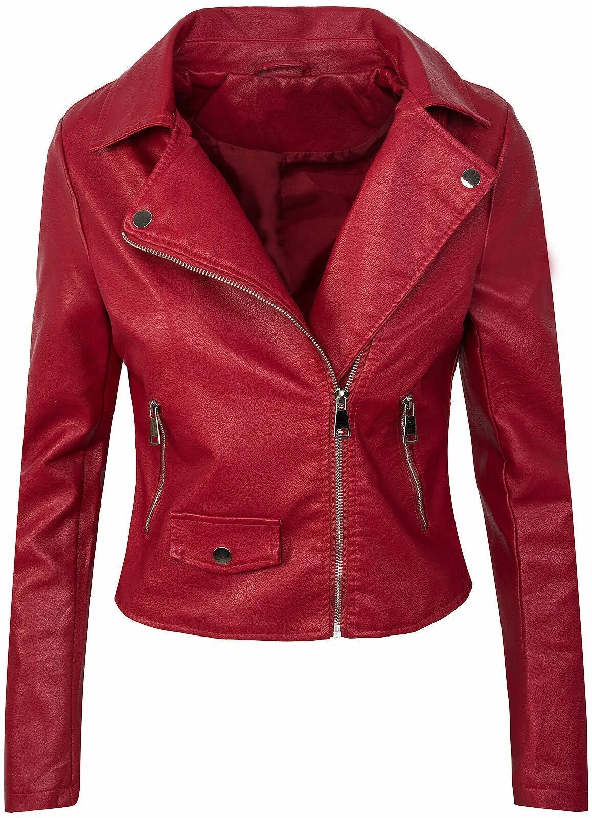 Women's Fall Winter Coat Slim PU Leather Short Zipper Leather Jacket Leather Coat